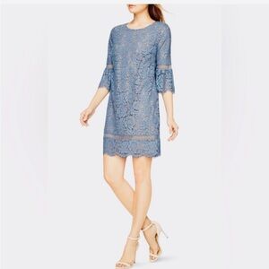 BCBGMaxAzria Celestia Shadow Blue Bell Sleeve Lace Dress